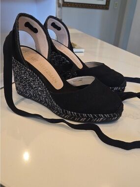Stuart Weitzman Black Espadrille Tie-Wedge Sandals